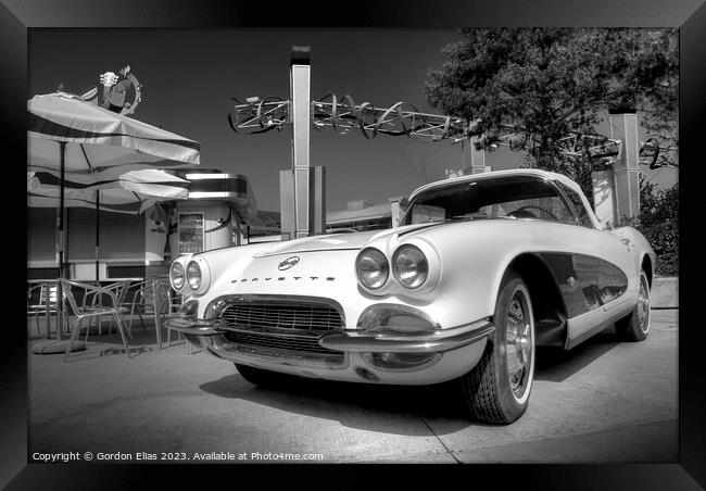 50s Corvette at the diner Framed Print by Gordon Elias
