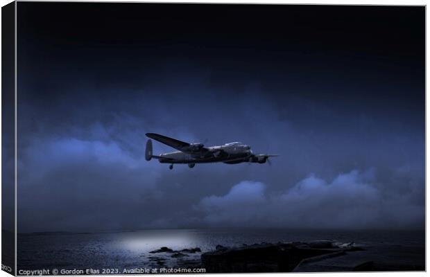 Lancaster Bomber Coasting In at Night Canvas Print by Gordon Elias