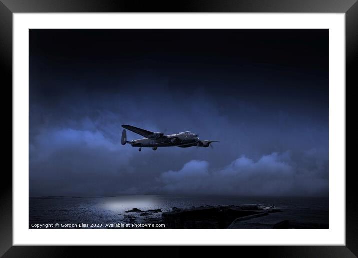 Lancaster Bomber Coasting In at Night Framed Mounted Print by Gordon Elias