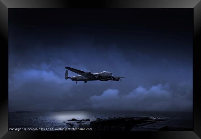 Lancaster Bomber Coasting In at Night Framed Print by Gordon Elias