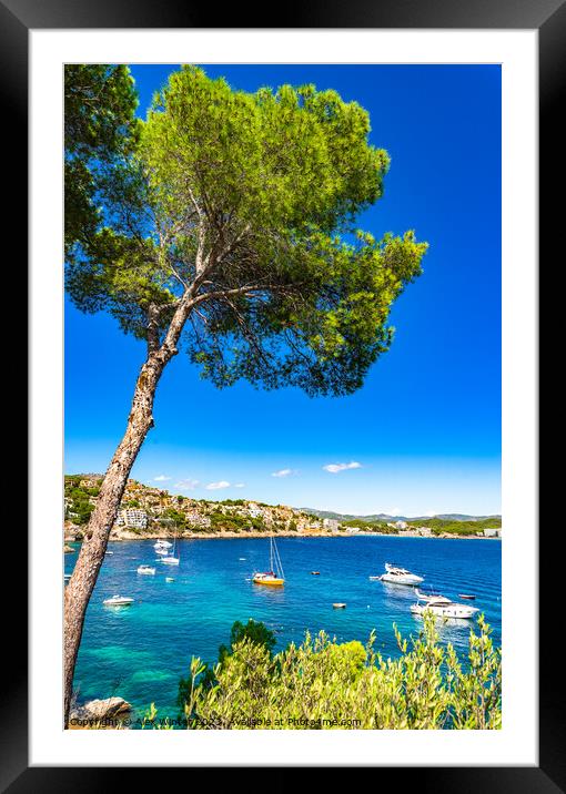 Boats yachts at seaside of Cala Fornells bay Framed Mounted Print by Alex Winter