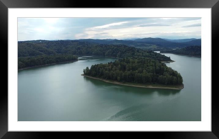 Aerial scenic view of the lake Solina, Jezioro Soliñskie, the biggest dam in Poland in autumn at sunset. Recreational area for sail and holidays in the national park of Bieszczady. Framed Mounted Print by Irena Chlubna