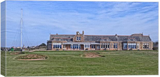 Royal Troon`s 18th green and clubhouse Canvas Print by Allan Durward Photography