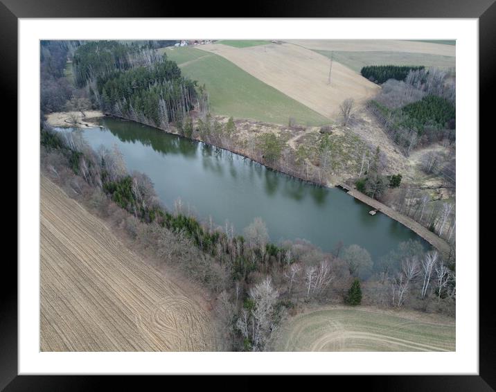 Aerial view of natural pond near the town of Havlickuv Brod, Czech Republic. Forest after bark beetle calamity Framed Mounted Print by Irena Chlubna