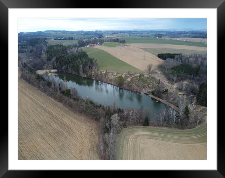 Aerial view of natural pond near the town of Havlickuv Brod, Czech Republic. Forest after bark beetle calamity Framed Mounted Print by Irena Chlubna