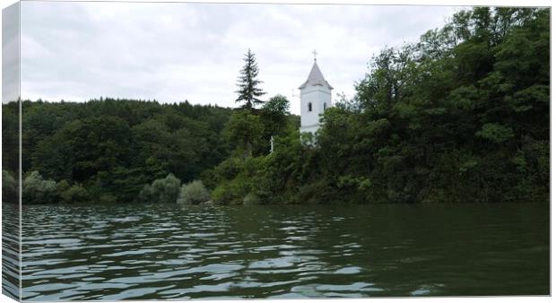 Storage reservoir Velka Domasa, church on the lake, river Ondava, Slovakia Canvas Print by Irena Chlubna