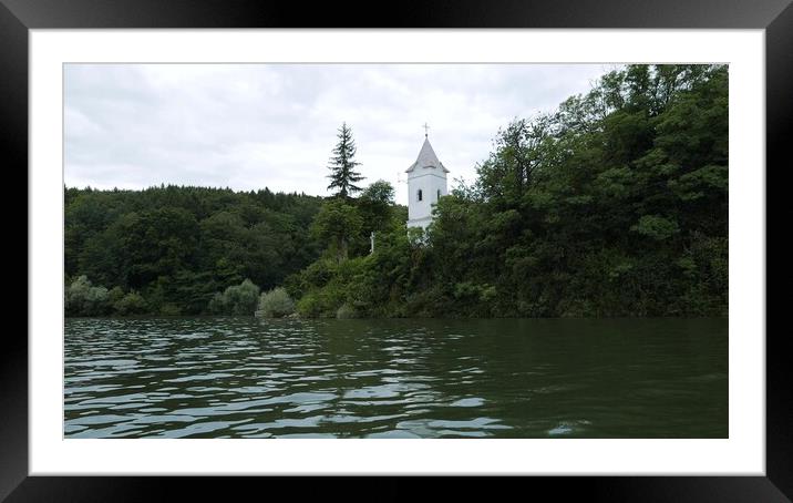Storage reservoir Velka Domasa, church on the lake, river Ondava, Slovakia Framed Mounted Print by Irena Chlubna