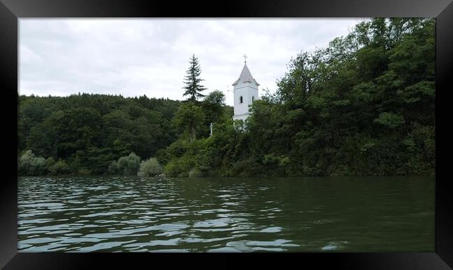 Storage reservoir Velka Domasa, church on the lake, river Ondava, Slovakia Framed Print by Irena Chlubna