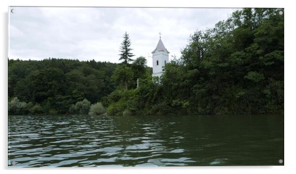 Storage reservoir Velka Domasa, church on the lake, river Ondava, Slovakia Acrylic by Irena Chlubna