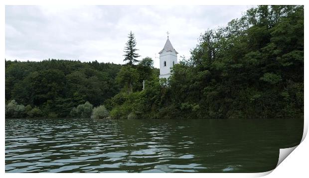 Storage reservoir Velka Domasa, church on the lake, river Ondava, Slovakia Print by Irena Chlubna