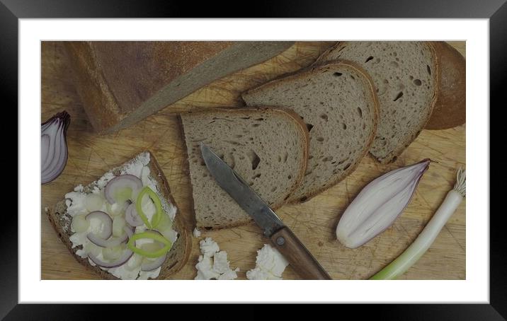 Home made bread on a wooden cutting board with curd cheese Framed Mounted Print by Irena Chlubna