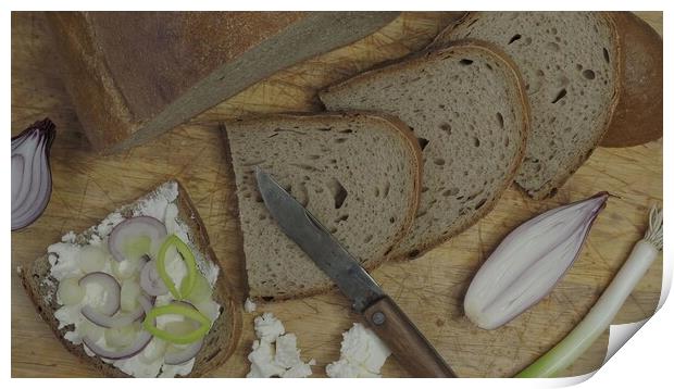 Home made bread on a wooden cutting board with curd cheese Print by Irena Chlubna
