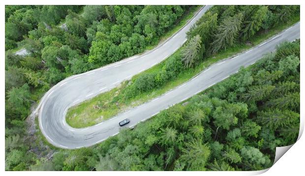 Aerial view of a winding road and forest in Norway. Picturesque mountain road Print by Irena Chlubna