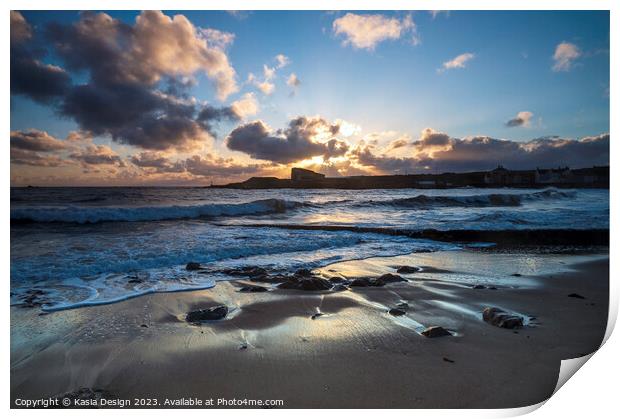 Serene Sunrise over Eyemouth Beach Print by Kasia Design