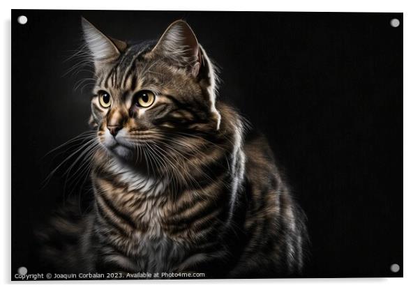Portrait of a furry, calm cat posing on a black ba Acrylic by Joaquin Corbalan