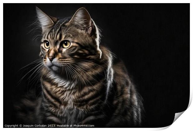 Portrait of a furry, calm cat posing on a black ba Print by Joaquin Corbalan