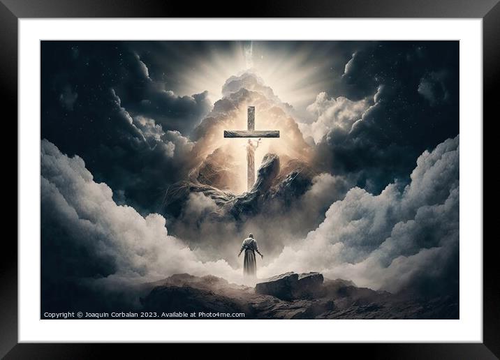 A dramatic sky over a hill with a Christian cross, symbol of the Framed Mounted Print by Joaquin Corbalan