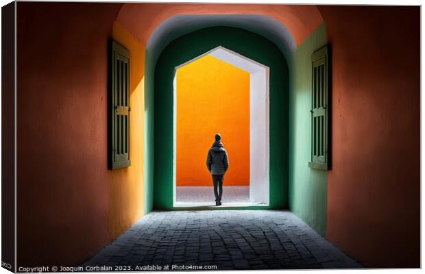 A person, with his back turned, walks among the colorful and ori Canvas Print by Joaquin Corbalan