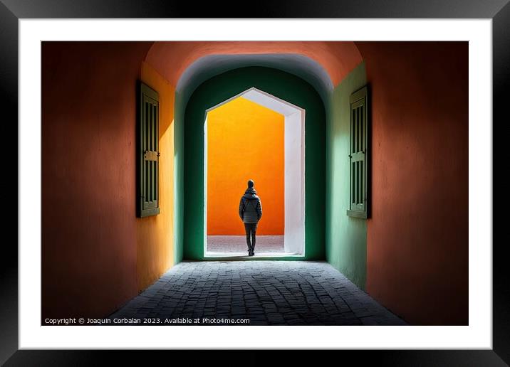 A person, with his back turned, walks among the colorful and ori Framed Mounted Print by Joaquin Corbalan
