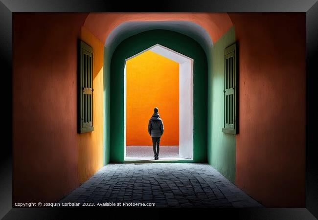 A person, with his back turned, walks among the colorful and ori Framed Print by Joaquin Corbalan