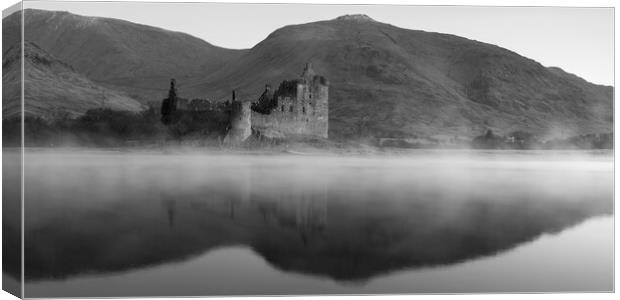 Misty Kilchurn Castle black and white  Canvas Print by Anthony McGeever
