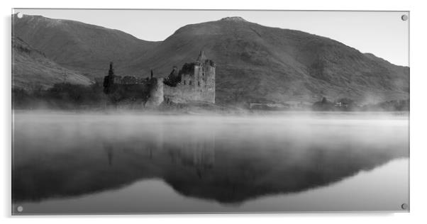 Misty Kilchurn Castle black and white  Acrylic by Anthony McGeever