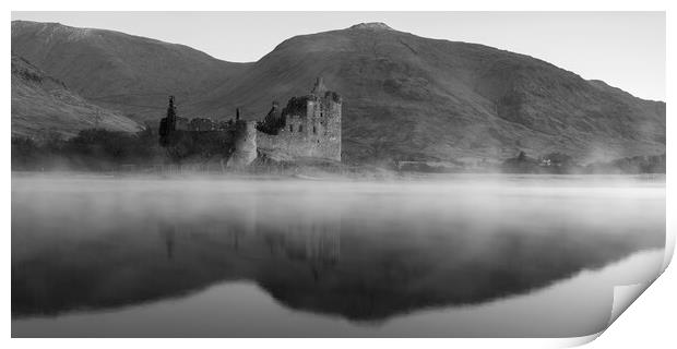 Misty Kilchurn Castle black and white  Print by Anthony McGeever