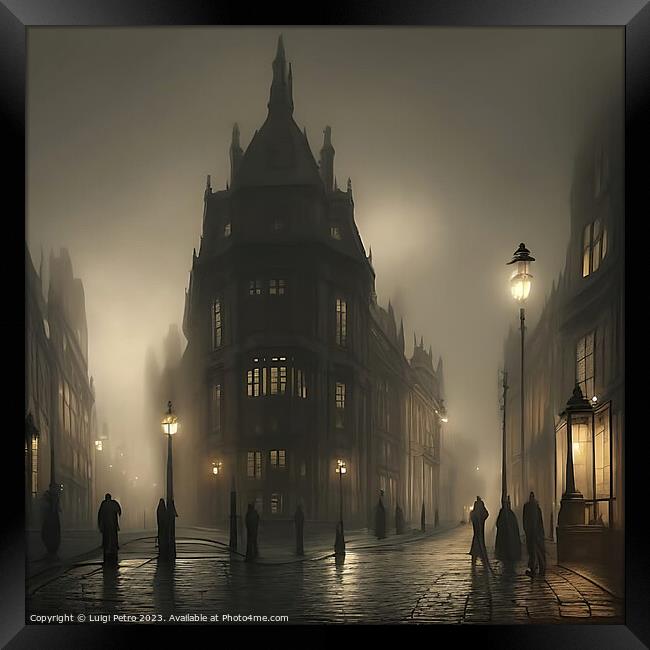 Victorian city street covered in fog. Framed Print by Luigi Petro