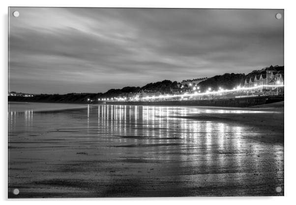 Filey Beach Reflections Black and White Acrylic by Tim Hill