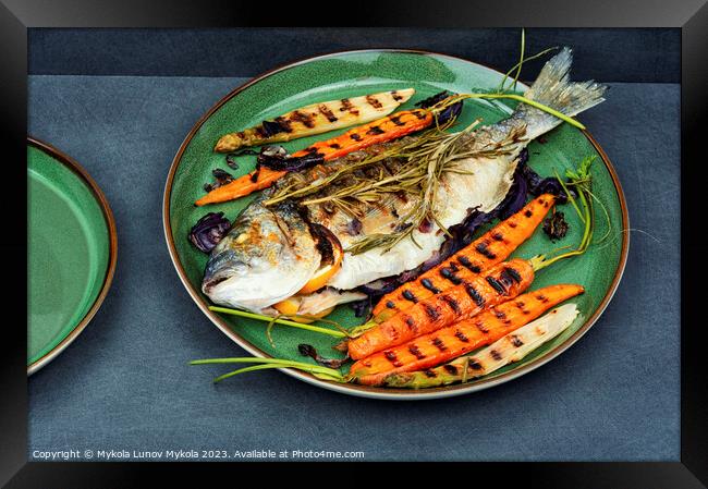Roasted dorado fish on a plate Framed Print by Mykola Lunov Mykola