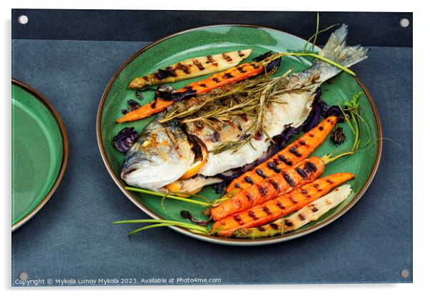 Roasted dorado fish on a plate Acrylic by Mykola Lunov Mykola