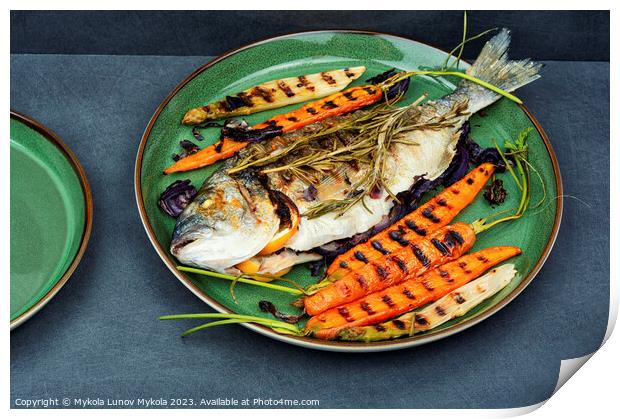 Roasted dorado fish on a plate Print by Mykola Lunov Mykola