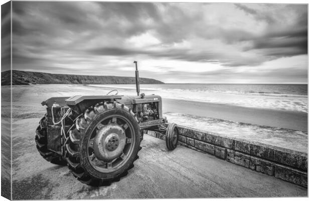 Filey Beach Tractor Black and White Canvas Print by Tim Hill