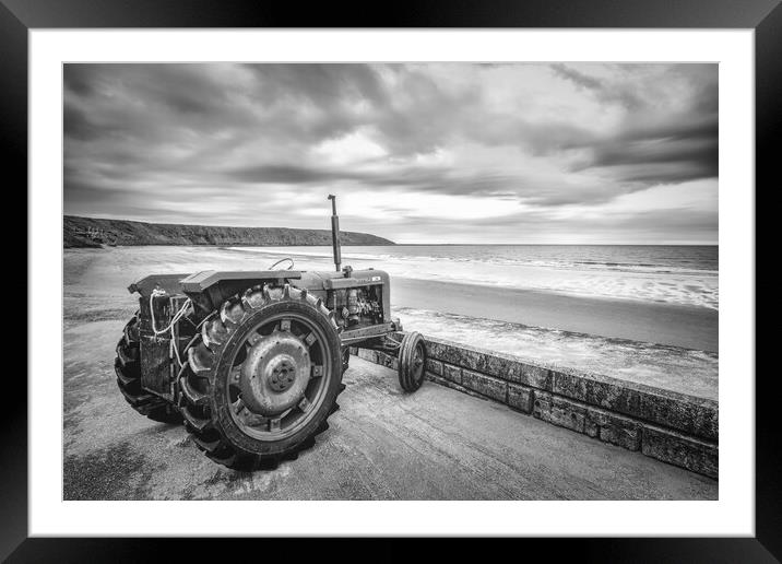 Filey Beach Tractor Black and White Framed Mounted Print by Tim Hill