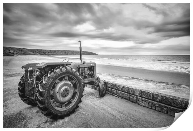 Filey Beach Tractor Black and White Print by Tim Hill