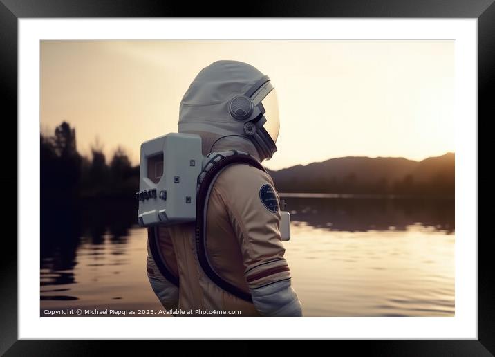 A female astronaut stands by a lake and looks at the stars creat Framed Mounted Print by Michael Piepgras