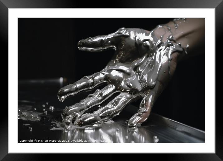 Male human hand made of liquid metal created with generative AI  Framed Mounted Print by Michael Piepgras