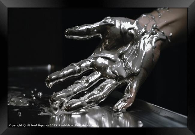 Male human hand made of liquid metal created with generative AI  Framed Print by Michael Piepgras