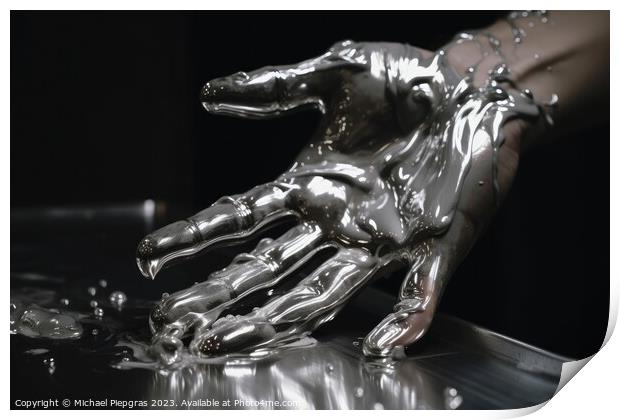Male human hand made of liquid metal created with generative AI  Print by Michael Piepgras