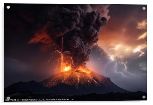 A big volcano erupts with a dark ash cloud in the sky with light Acrylic by Michael Piepgras