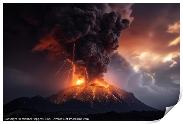 A big volcano erupts with a dark ash cloud in the sky with light Print by Michael Piepgras