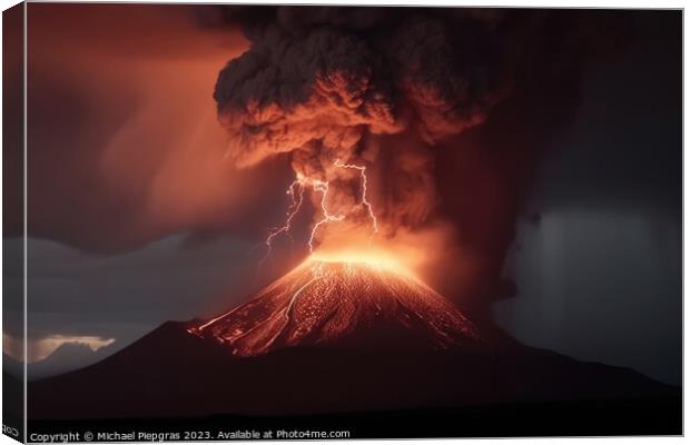 A big volcano erupts with a dark ash cloud in the sky with light Canvas Print by Michael Piepgras