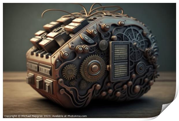 A brain that calculates artificial intelligence - steampunk look Print by Michael Piepgras