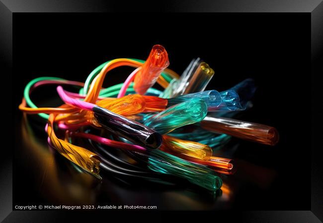 A bundle of brightly coloured fibre optic cables created with ge Framed Print by Michael Piepgras