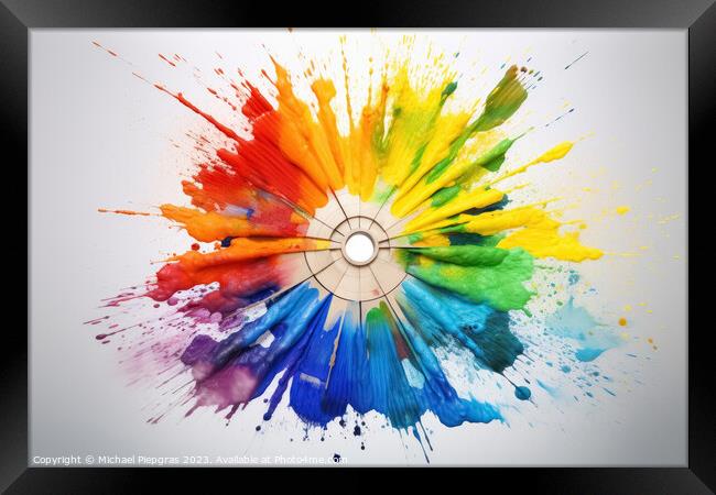 A color Wheel with goethe colors exploding in colorful powder on Framed Print by Michael Piepgras