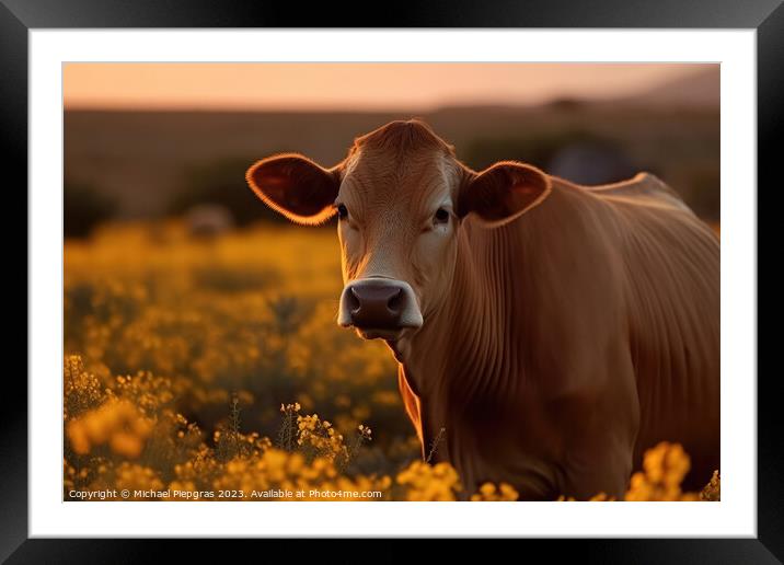A cow on a field with some flowers created with generative AI te Framed Mounted Print by Michael Piepgras