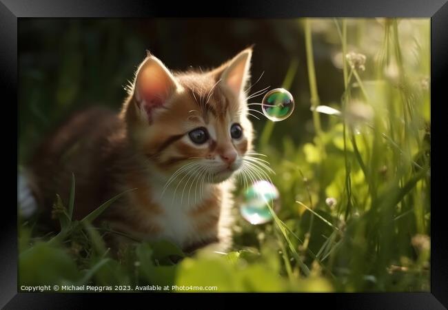 A cute kitten plays with soap bubbles in the flat grass created  Framed Print by Michael Piepgras