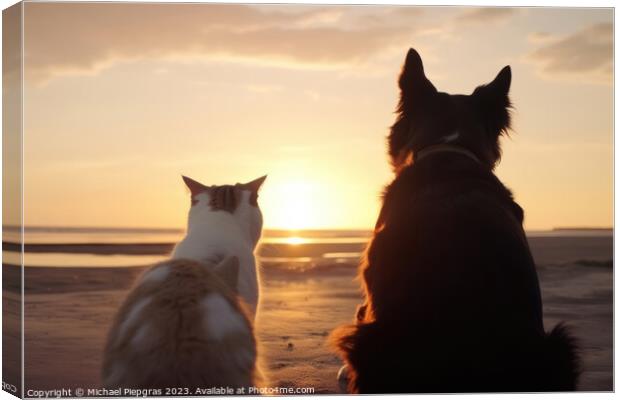 A dog and a cat seen from behind on the beach look dreamily into Canvas Print by Michael Piepgras