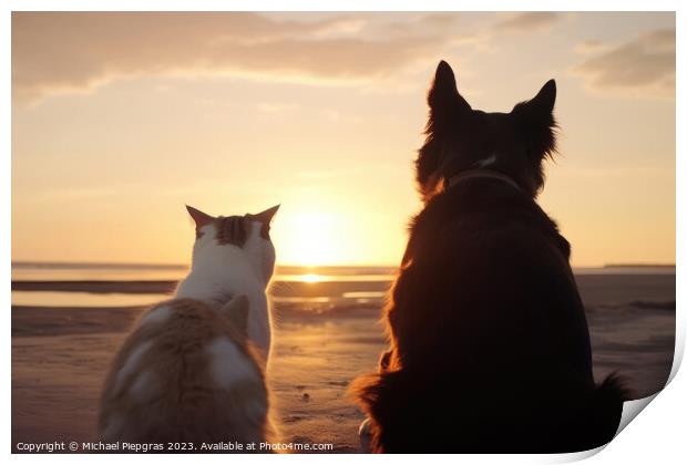 A dog and a cat seen from behind on the beach look dreamily into Print by Michael Piepgras