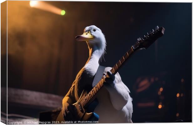 A duck plays rock music on an electric guitar with its wing on a Canvas Print by Michael Piepgras